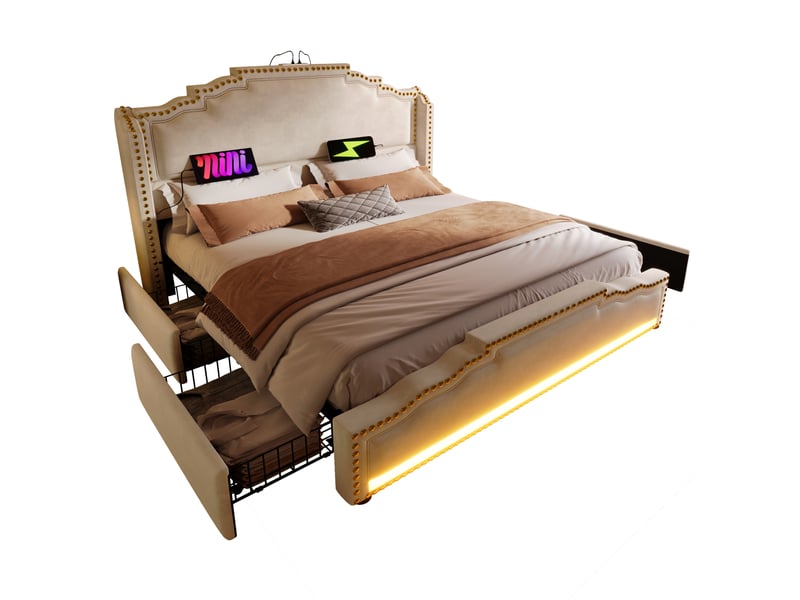  Modenvie lit double avec rangement 140x200 cm - 4 tiroirs, led et ports usb-c, matelas inclus - beige  - Conforama A
