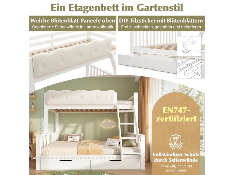 Lit superposé enfant 90x200 et 140x200 avec tiroirs et porte-revues, lit familial en bois blanc, barrière nuage, certifié en 747. - Conforama R