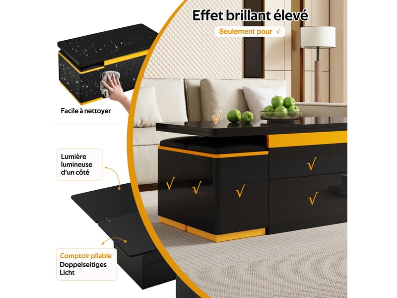 Table basse moderne noire brillante, table d'appoint élégante, multifonctionnelle, table basse réglable en hauteur, table à mangermeuble de salon pliable, 100 x 50 x 43 cm (l x l x h) - Conforama E