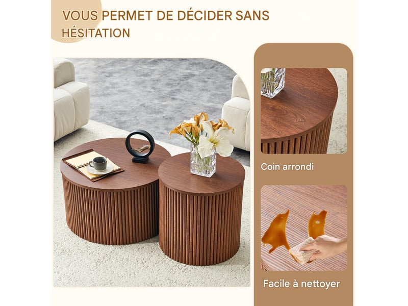  Lot de 2 tables basses gigognes rondes en mdf coloris noyer avec rangement - pangivo  - Conforama E