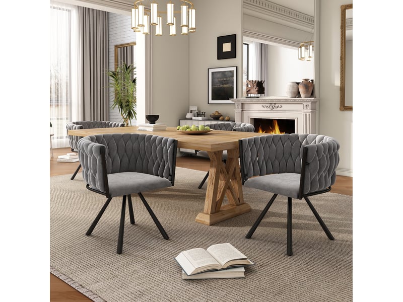  Chaise de salle à manger pivotante à 360 degrés, lot de 4 avec dossier incurvé et pieds en métal, velours gris  - Conforama B