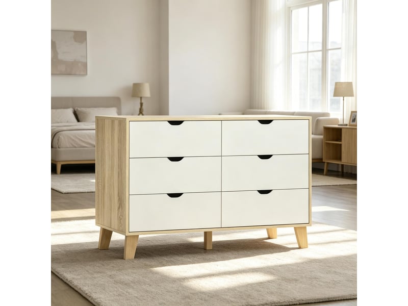  Commode de rangement à 6 tiroirs, avec plateau et pied central, pour chambre, panneaux de particules, blanc et chêne  - Conforama D