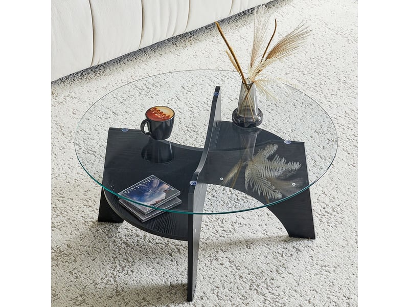  Table basse design multifonction table de salon plateau en verre de sécurité structure à motif éventail pieds en mdf aspect bois noir forme ronde  - Conforama A