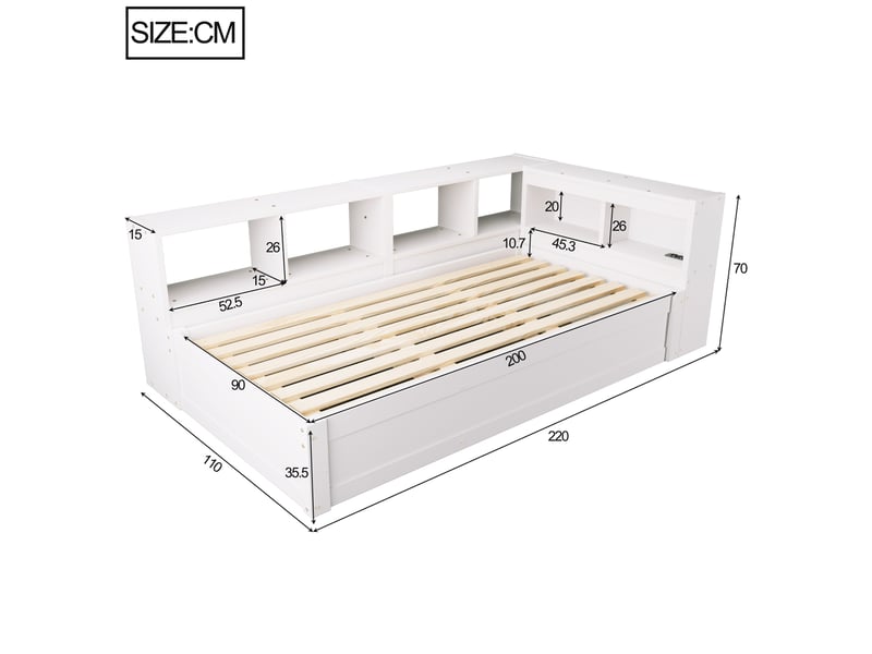  Lit banquette 90x200 cm – blanc – coffre hydraulique, led, prise et rangements intégrés - sans matelas  - Conforama C