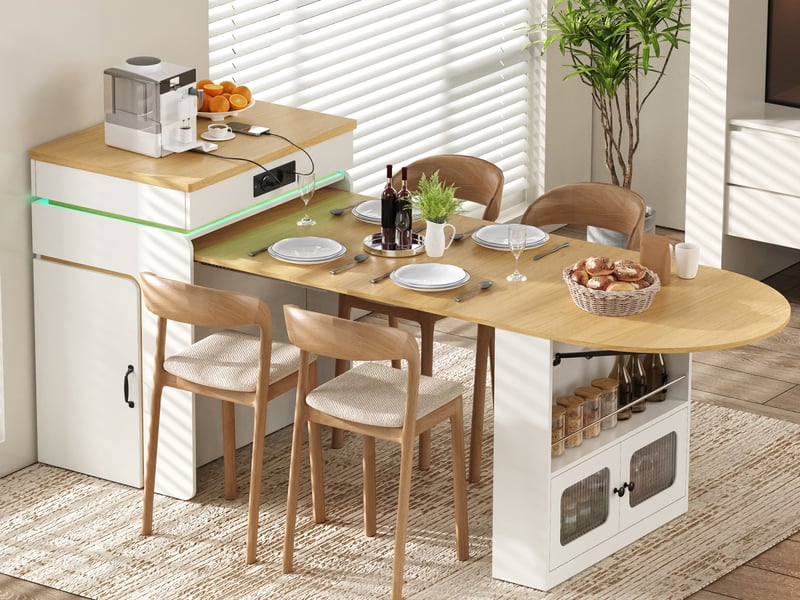  Îlot de cuisine extensible 55-194 x 80 x 95,5 cm, prises, led, portes vitrées, tiroir et roulettes, blanc, en mdf  - Conforama B
