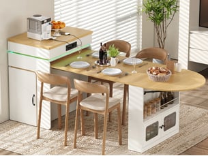 Îlot de cuisine extensible 55-194 x 80 x 95,5 cm, prises, led, portes vitrées, tiroir et roulettes, blanc, en mdf