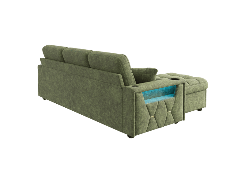  Canapé droit 3 places 194,5x133x83 cm avec rangement, led, usb-c, pouf, tissu chenille vert  - Conforama W