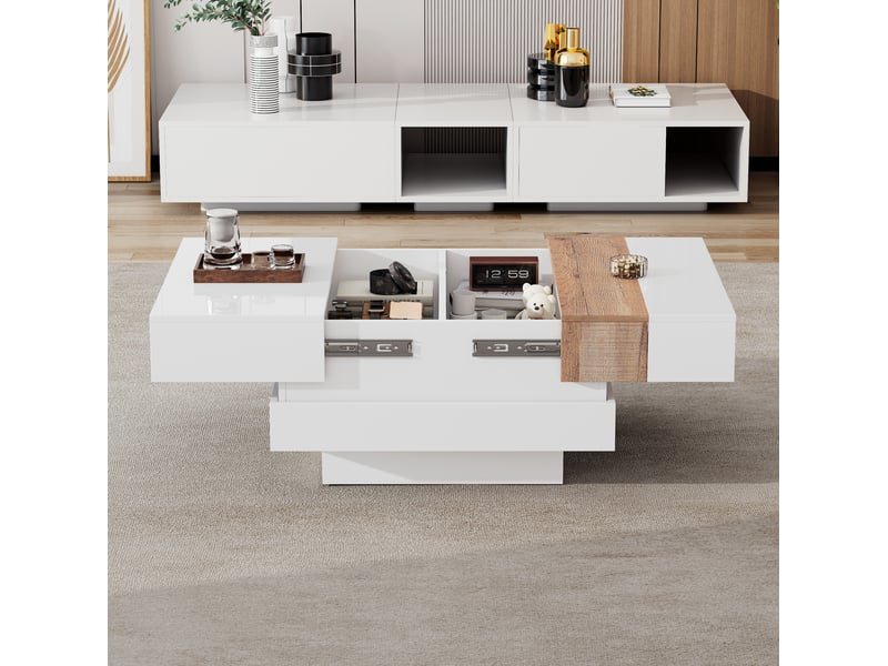  Table basse carrée 70x70x39 cm extensible avec rangement blanc et coloris bois naturel  - Conforama E