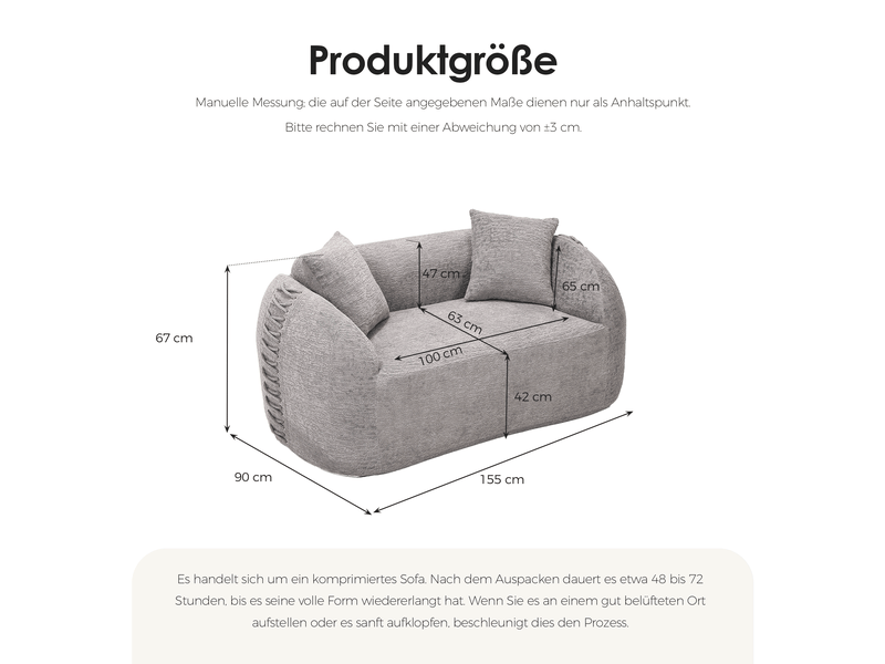  Canapé compressé 2 places 155x90x67 cm sans montage, sans structure, accoudoirs avec lacets, 2 coussins, mousse, tissu chenille gris clair  - Conforama D