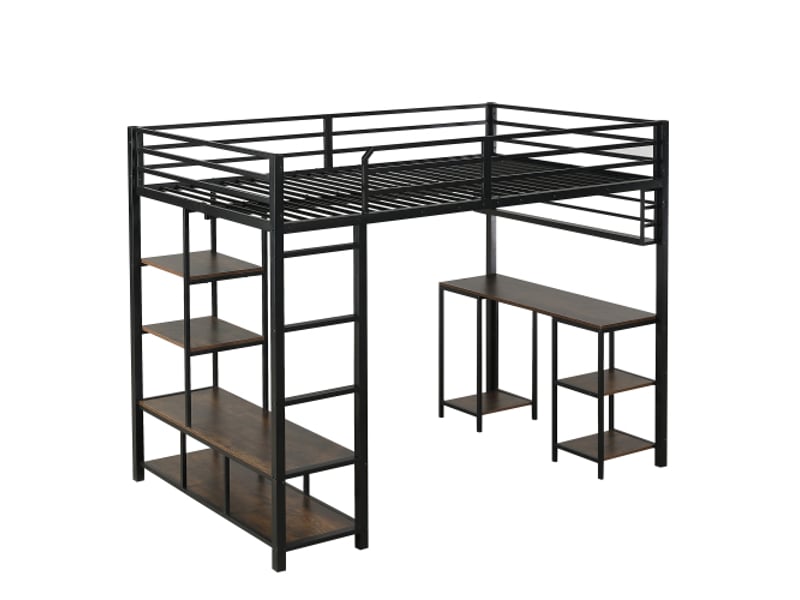  Lit mezzanine 120x200 cm avec bureau, étagère de rangement, échelle 4 marches, sans matelas, cadre de lit en métal, noir et bois foncé  - Conforama E