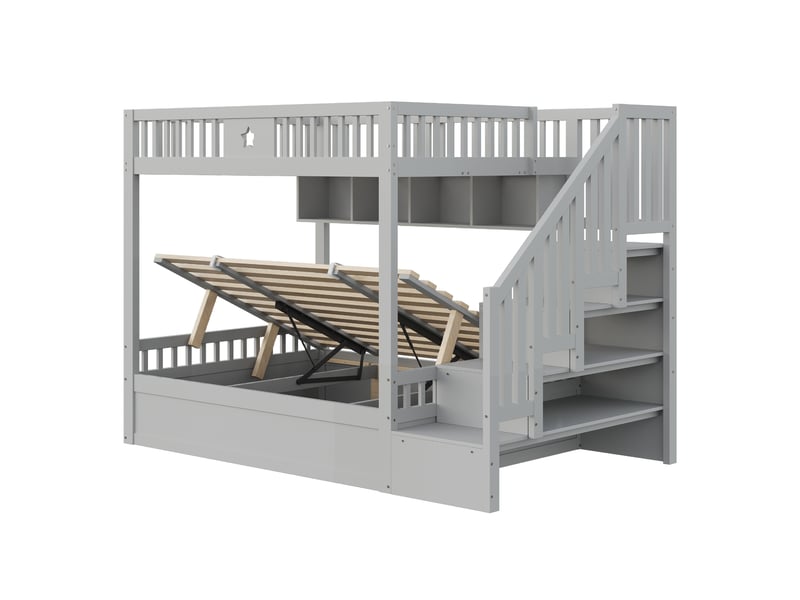  Lit en bois 140 x 200 cm, rangement hydraulique sous le lit, escalier de rangement, étagères, lit mezzanine, lit superposé, lit enfant, gris  - Conforama E