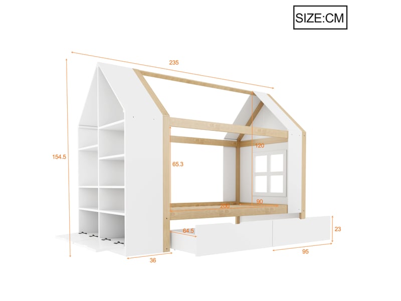  Lit maison enfant modenvie 90 x 200 cm avec led et rangements, blanc et naturel, bois  - Conforama C