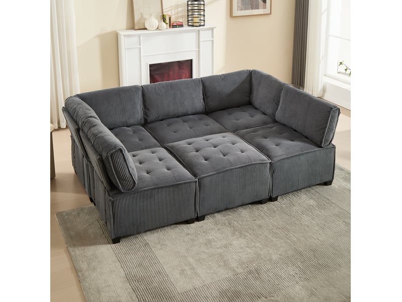  Canapé modulable tcqpz 6 places 308 x 154 x 82 cm configuration u ou l velours côtelé gris  - Conforama D