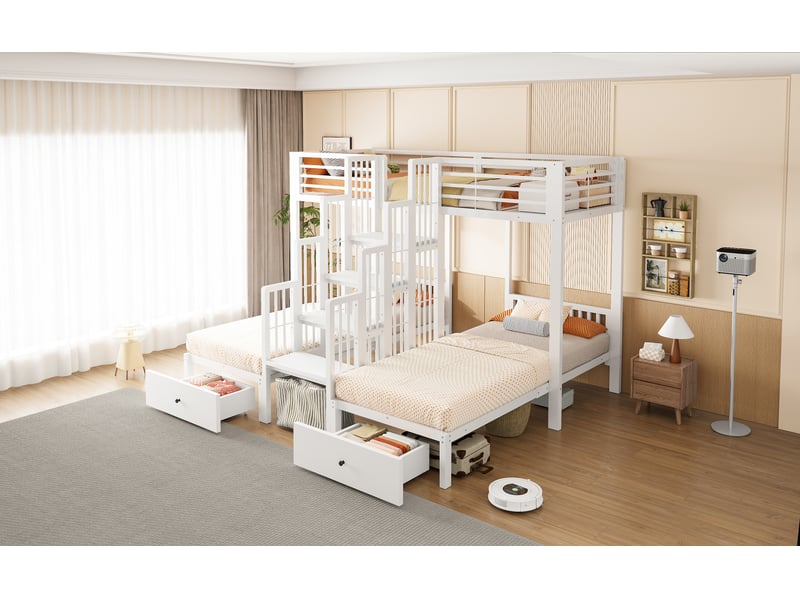Lit superposé enfant 3 places 90×200 cm, 2 tiroirs et escalier - okmyhome- métal et bois blanc, sans matelas - Conforama E