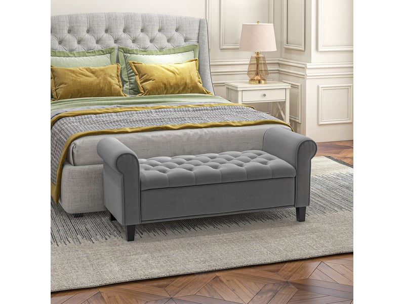  Banc de rangement 126 x 48,5 x 57 cm gris en polyester, assise capitonnée avec coffre sous l'assise  - Conforama B