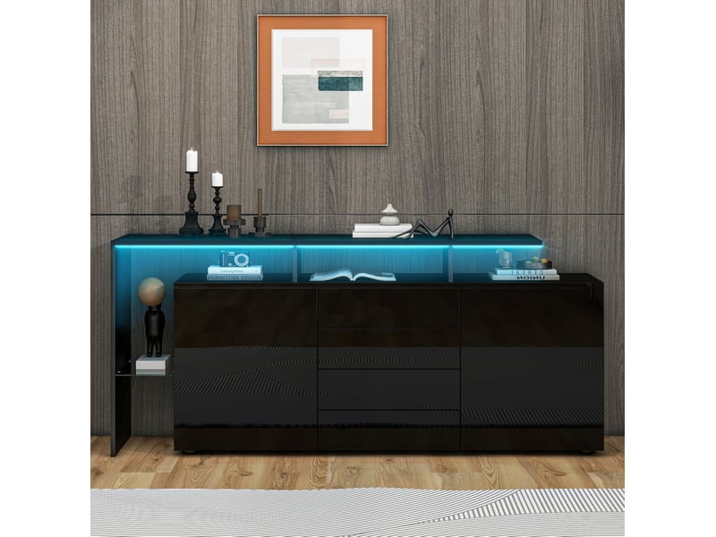 Buffet 160 cm, avec led intégrée, 2 portes, 4 tiroirs, finition haute brillance, panneau de particules, noir, élégant - Conforama B