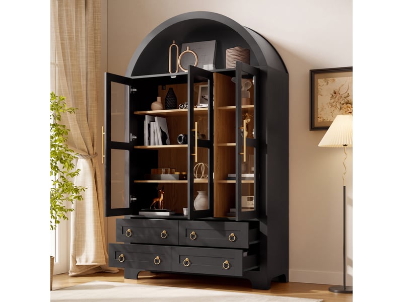  Buffet 110x40x185cm avec 3 portes et 4 tiroirs, niche ouverte arquée, grand rangement, poignées en aluminium, mdf noir ABC - Conforama E