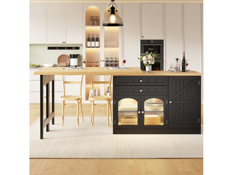 Desserte de cuisine 120194x40x73,5 cm, extensible, rotatif à 360°, portes vitrées et tiroirs, mdf, métal, couleur noir - Conforama D