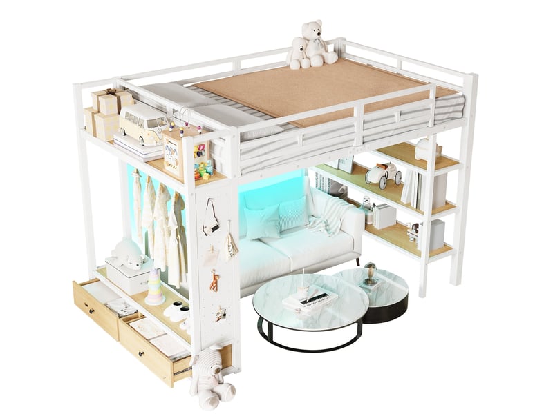  Lit mezzanine 140x200 blanc métal avec rangements, penderie, étagères et led  - Conforama W