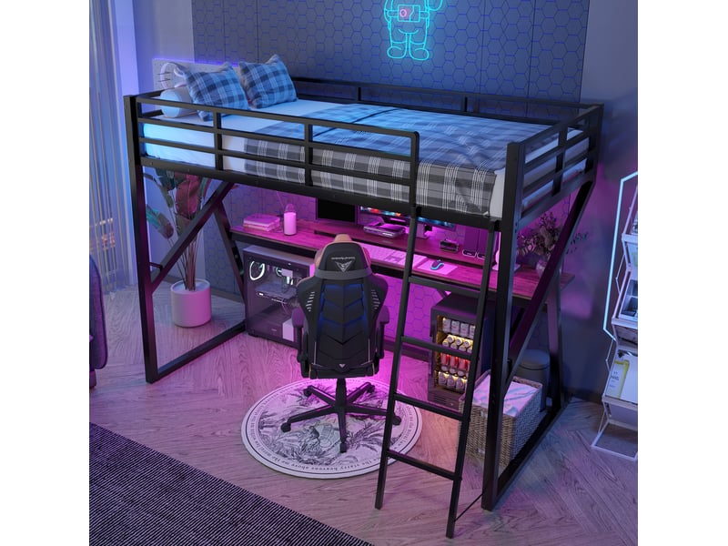  Lit mezzanine enfant 90x200 cm, échelle, garde-corps, avec éclairage led multicolore, bureau intégré, métal mdf, noir sans matelas  - Conforama D