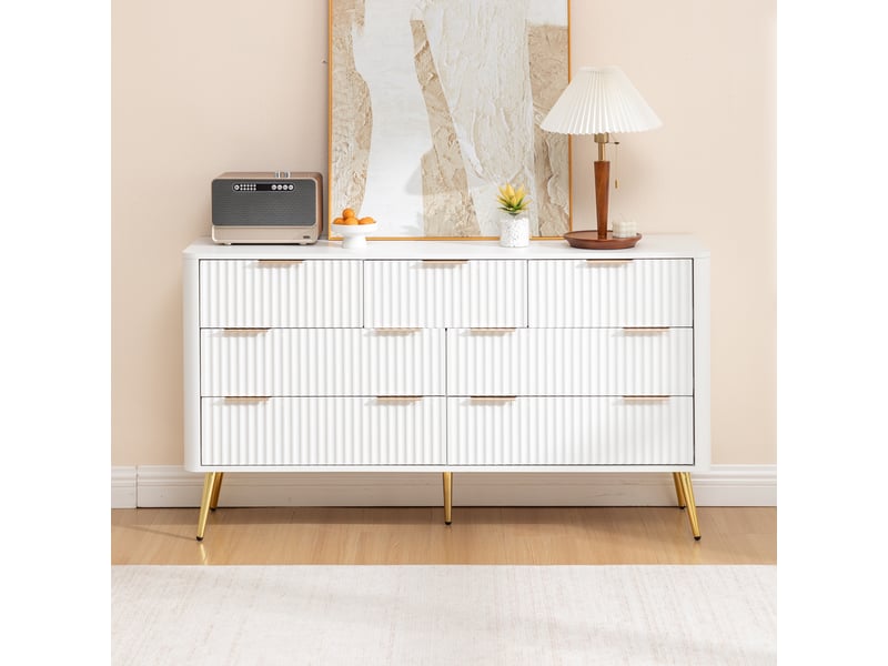 Commode 7 tiroirs, 145x40x80cm, grand meuble de rangement pour chambre et salon, buffet bas avec coulisses silencieuses et pieds surélevés, blanc - Conforama B