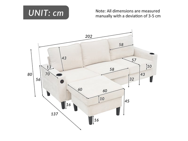 Canapé d'angle convertible 4 places en tissu beige avec usb, type-c, pouf modulable et 2 porte-gobelets - Conforama C