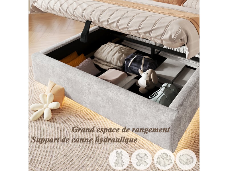  Lit coffre 140x200 cm - lit double rembourré avec coffre hydraulique, bande led et sommier,tissu chenille gris clair evarich - Conforama D