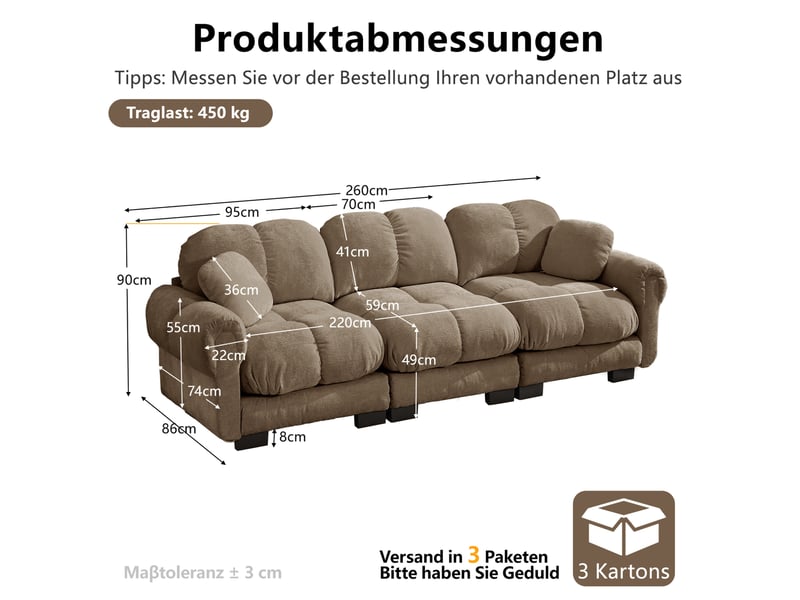 Canapé 3 places style nuage 260x86x90 cm, coutures matelassées, 2 coussins déco inclus, tissu en chenille, marron - Conforama C