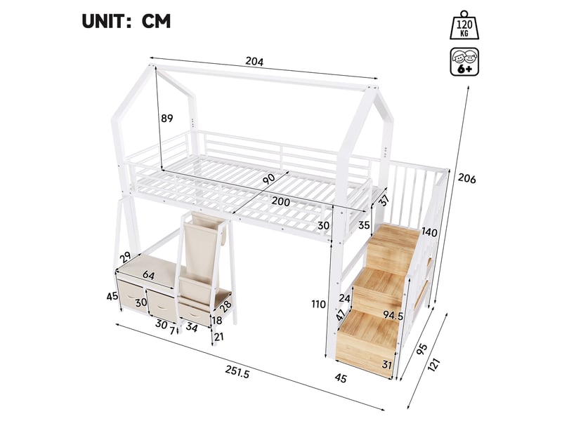 Lit mezzanine cabane 90x200 cm, escalier avec rangement, tiroirs tissu, led, étagères, métal et mdf, blanc CozyNest - Conforama C
