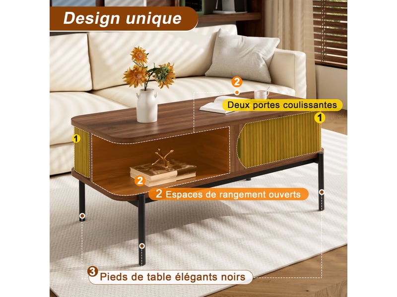  Table basse 100×45×43 cm en mdf et métal noir, avec portes coulissantes, niches latérales, angles arrondis  - Conforama E