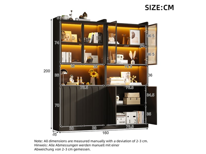  Vitrine led 160x35x200 cm avec portes en verre panneau de particules noir  - Conforama E
