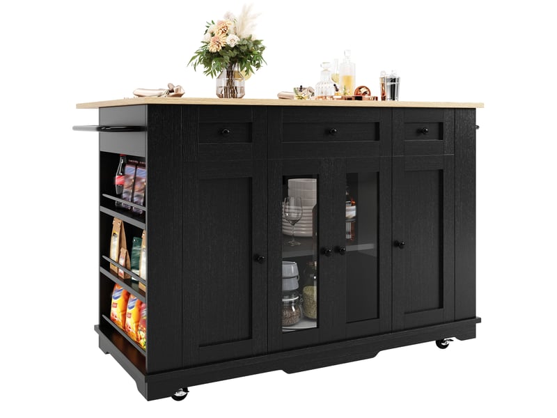  Table de bar pivotante à 360 degrés, îlot central extensible avec porte en verre trempé bombé, meuble bar noir moderne en mdf  - Conforama R