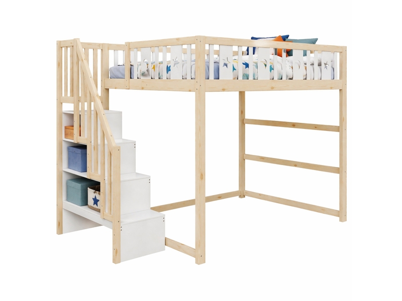 Lit mezzanine enfant 140x200 cm – blanc et bois naturel – escalier avec rangement – sans matelas - Conforama A