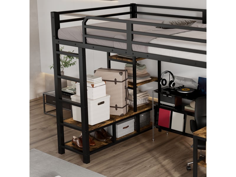  Lit mezzanine 120 x 200 cm avec bureau intégré, échelle, étagères et niches en métal et panneaux de particules noir  - Conforama C