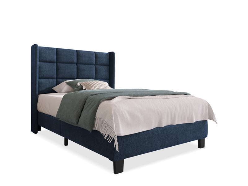  Lit simple 90x200 cm en lin bleu avec tête de lit haute et lattes, sans matelas  - Conforama A