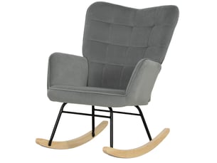 Fauteuil à bascule vintage, patins incurvés, rembourrage épais, bois de hêtre et acier, gris foncé