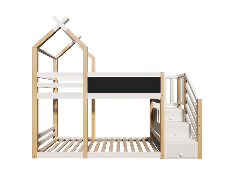  Lit superposé enfant 90x200 cm – blanc et bois naturel – escalier avec rangements et tableau, sans matelas  - Conforama D