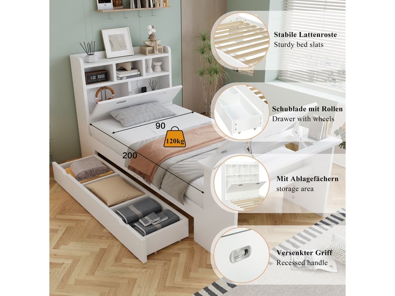 Lit ado 90 x 200 cm rangement intégré étagère en tête de lit tiroir coulissant table rabattable réglable montage flexible du tiroir aspect bois blanc  - Conforama D
