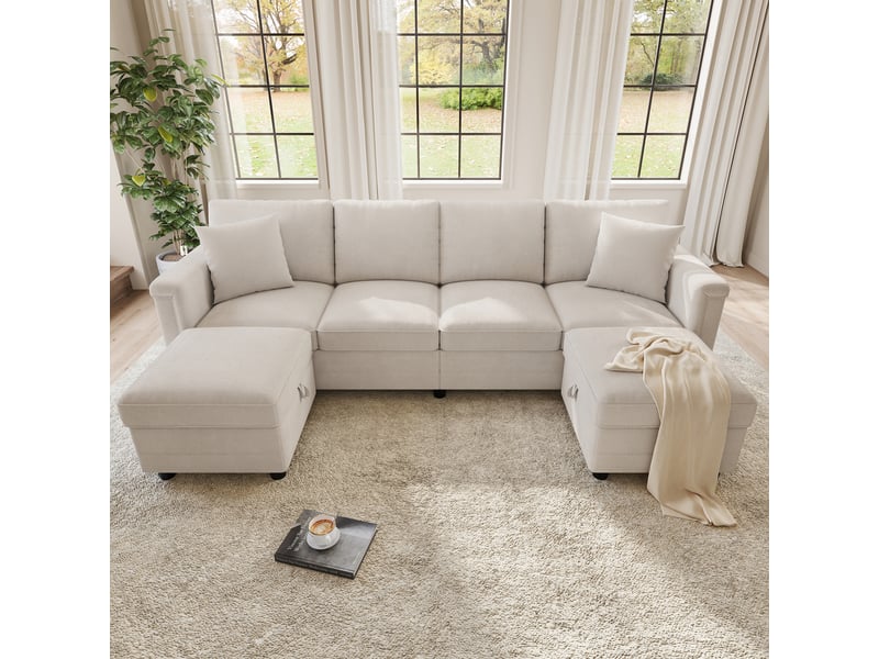  Canapé modulable 4 places 261 x 134 x 82 cm, convertible en lu, 2 poufs coffre, 2 coussins décoratifs, multifonction, chenille, beige OMNIGLINT TRADING LTD - Conforama B