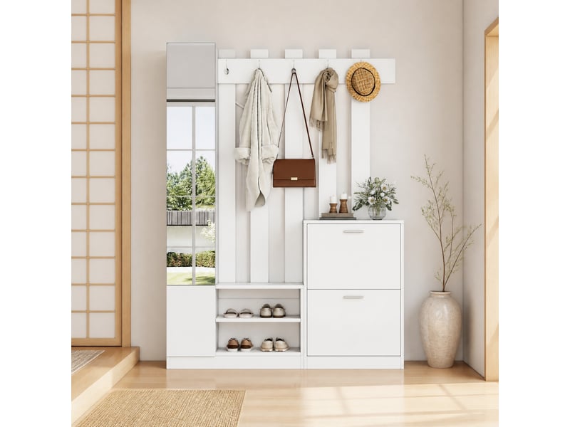  Meuble d'entrée à chaussures avec miroir, 2 portes abattantes, 5 crochets et rangements pour couloir 135×25×180 cm blanc  - Conforama B