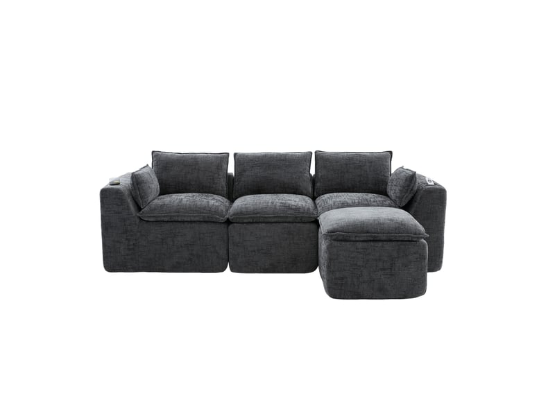  Canapé modulaire 3 places avec repose-pieds, coussins, porte-boissons et 2 poches latérales en chenille gris foncé  - Conforama A
