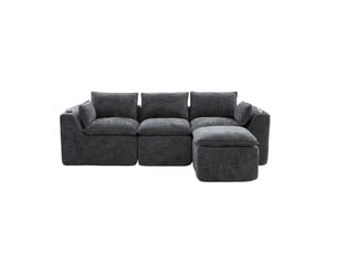 Canapé modulaire 3 places avec repose-pieds, coussins, porte-boissons et 2 poches latérales en chenille gris foncé