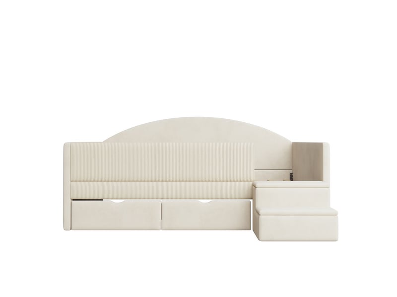  Lit avec tiroirs 90 x 190 cm lit simple en velours deux tiroirs de rangement barrières de sécurité marches intégrées fonction canapé lit multifonction tissu velours doux coloris beige  - Conforama A