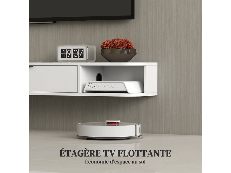  Meuble tv suspendu, meuble télé pour téléviseur jusqu'à 50 pouces, tiroir rabattable 2 étagères 120x24x16cm blanc  - Conforama D