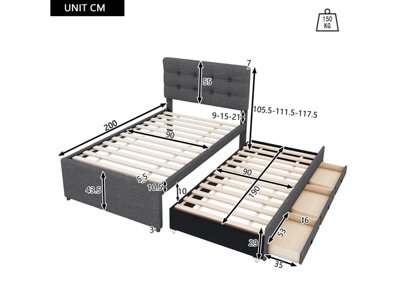  Lit gigogne gris 90x200/90x190 cm avec 3 tiroirs et tête de lit réglable  - Conforama C