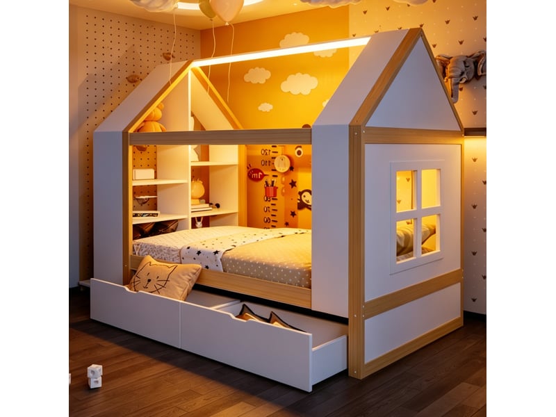 Lit maison enfant modenvie 90 x 200 cm avec led et rangements, blanc et naturel, bois  - Conforama D