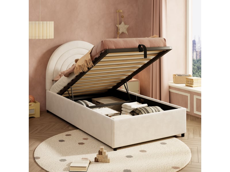 Lit rembourré 90 x 200 cm, lit enfant, lit simple avec sommier à lattes et tête de lit, lit junior, convient aux adultes et adolescents, lattes en bois, montage facile, velours, beige  - Conforama B