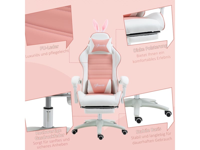 Chaise gamer rose avec oreilles de lapin, chaise ergonomique avec support lombaire et repose-pieds, hauteur réglable, 65x63x142 cm - Conforama W
