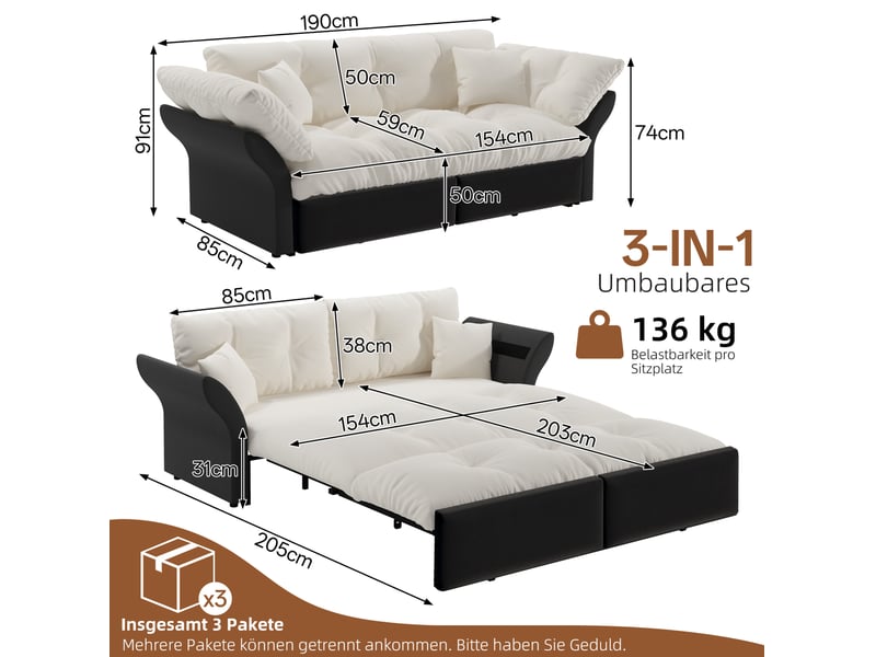 Canapé droit convertible 3-en-1 2 places en velours beige et blanc, lit d’appoint avec 2 coussins inclus - Conforama C