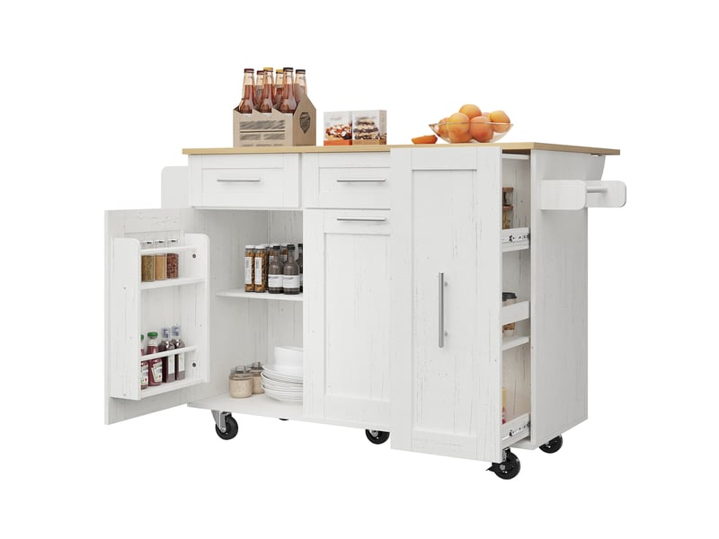 Îlot central de cuisine 110 x 4674 x 90.5 cm, avec plateau rabattable, étagères de rangement et roulettes, blanc - Conforama A